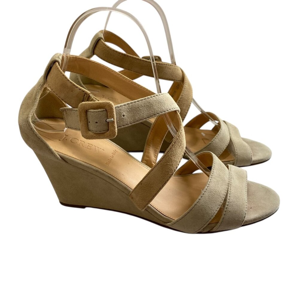 J Crew Leather Wedge Sandals Womens 9 Beige Nude Strappy Buckle Made In Italy